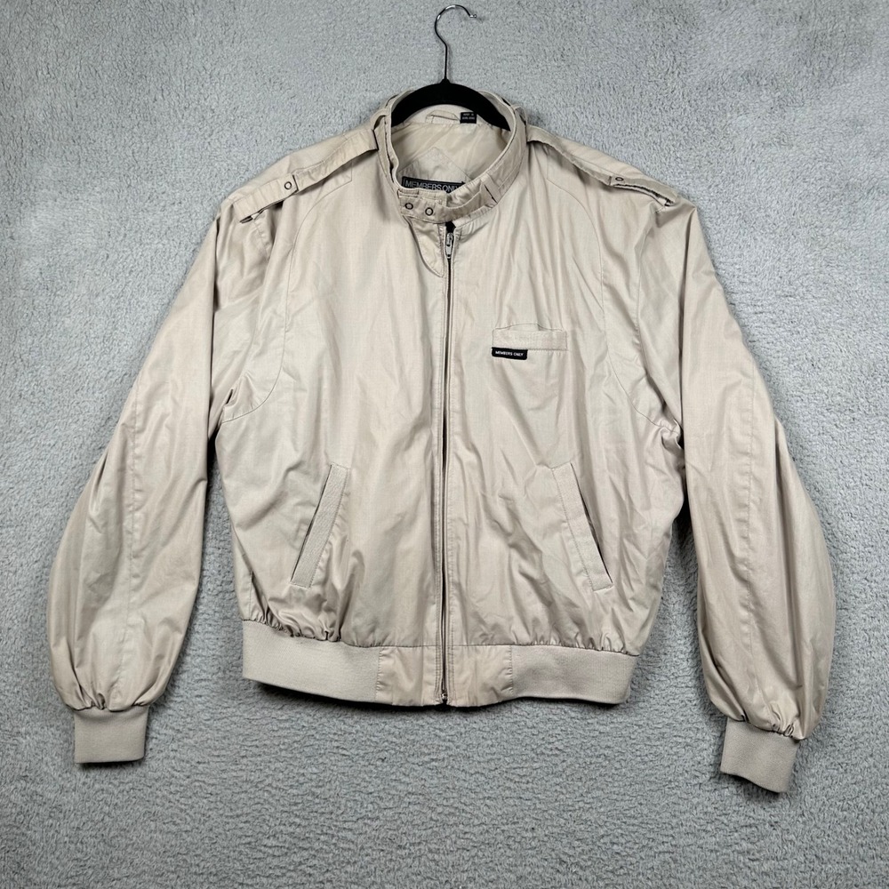 Members Only Vintage Racer Jacket Tan Beige Mens‎ 46 Windbreaker Epaulettes 80s